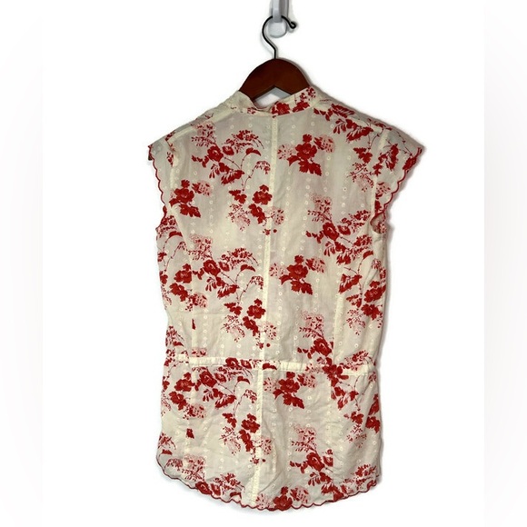 Mavi red & cream floral print, cap sleeve top, red embroidery scalloped hems - Picture 2 of 7